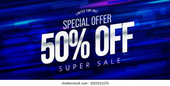 Limited time special offer 50 percent super sale banner. Promotion discount poster template announcing half price reduction and great clearance vector illustration. Marketing and ecommerce