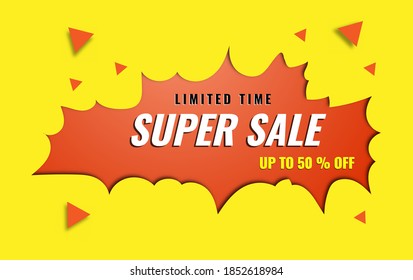 Limited time super sale banner, up to 50 % off shop now vector illustration with yellow and red background paper cut style. 