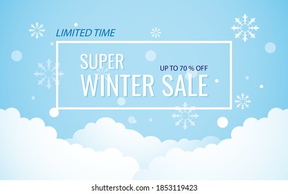 Limited time super winter sale banner discount up to 70 % off, winter sale banner with cloud and snow decoration on blue sky background for banner sale winter. vector illustration eps 10 easy to edit.