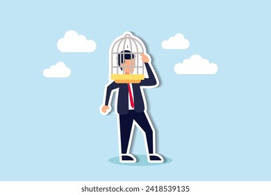 Limited understanding, creativity blocker, fear of challenge, bias or ego trapped, powerless or lack of intelligence concept, depressed businessman with birdcage lock his head.