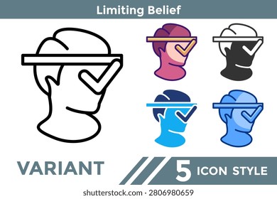 Limiting Belief icon for illustrating restrictive thought systems, internal barriers, and constrained mindset patterns. Line, Filled, Color, Blue, Dualtone style.