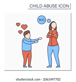 Limiting physical contact color icon. Avoid child love. Refusal to show love. No hugs, kisses. Ignoring. Child abuse concept. Isolated vector illustration