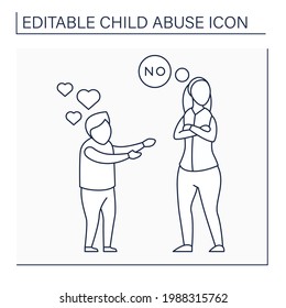 Limiting physical contact line icon. Avoid child love. Refusal to show love. No hugs, kisses. Ignoring. Child abuse concept. Isolated vector illustration. Editable stroke