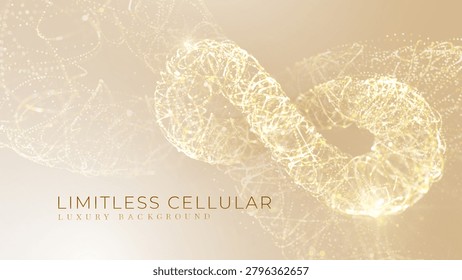Limitless Cellular Rejuvenation Concept, Abstract Gold Infinity Particle Background. Premium Glowing Light Network Graphic, Elegant Antiaging Medical Health Science Technology. Vector illustration.