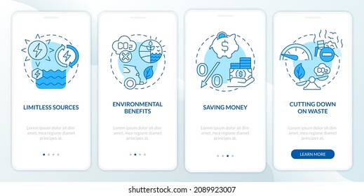 Limitless energy sources advantages onboarding mobile app page screen. Nature walkthrough 4 steps graphic instructions with linear concepts. UI, UX, GUI template. Myriad Pro-Bold, Regular fonts used