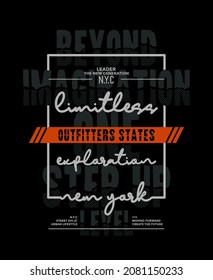Limitless exploration outfitter, NYC, modern and stylish typography slogan. Colorful abstract design with lines style. Vector illustration for print tee shirt, background, typography, poster and more.