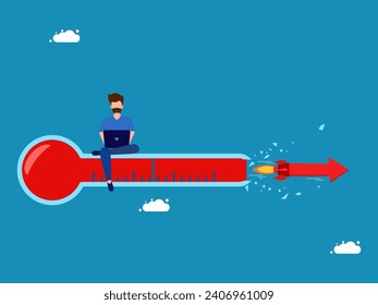 Limitless progress. man working on thermometer broken from colliding arrows 