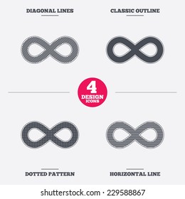 Limitless sign icon. Infinity symbol. Diagonal and horizontal lines, classic outline, dotted texture. Pattern design icons.  Vector