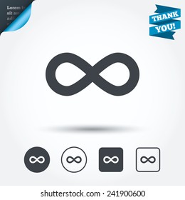 Limitless sign icon. Infinity symbol. Circle and square buttons. Flat design set. Thank you ribbon. Vector