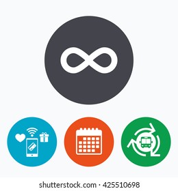 Limitless sign icon. Infinity symbol. Mobile payments, calendar and wifi icons. Bus shuttle.