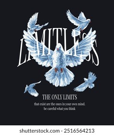 limitless slogan with with white doves flying vector illustration on black background