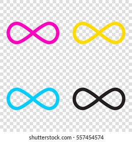 Limitless symbol illustration. CMYK icons on transparent background. Cyan, magenta, yellow, key, black.