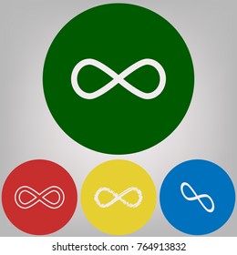 Limitless symbol illustration. Vector. 4 white styles of icon at 4 colored circles on light gray background.