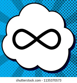 Limitless symbol illustration. Vector. Black icon in bubble on blue pop-art background with rays.