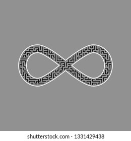 Limitless symbol illustration. Vector. Black maze filled icon with white border at gray background.
