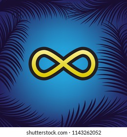 Limitless symbol illustration. Vector. Golden icon with black contour at blue background with branches of palm trees.