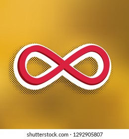 Limitless symbol illustration. Vector. Magenta icon with darker shadow, white sticker and black popart shadow on golden background.