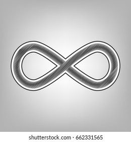 Limitless symbol illustration. Vector. Pencil sketch imitation. Dark gray scribble icon with dark gray outer contour at gray background.