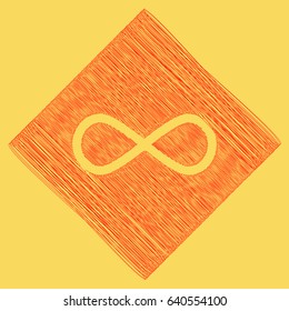 Limitless symbol illustration. Vector. Red scribble icon obtained as a result of subtraction rhomb and path. Royal yellow background.
