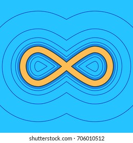Limitless symbol illustration. Vector. Sand color icon with black contour and equidistant blue contours like field at sky blue background. Like waves on map - island in ocean or sea.