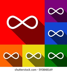 Limitless symbol illustration. Vector. Set of icons with flat shadows at red, orange, yellow, green, blue and violet background.