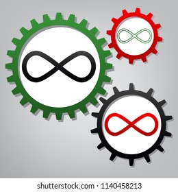 Ilustración de símbolo sin límites. Vector. Tres engranajes conectados con iconos en fondo gris.