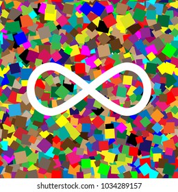 Limitless symbol illustration. Vector. White icon on colorful background with seamless pattern from squares.