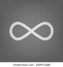 Limitless symbol illustration. Vector. White knitted icon on gray knitted background. Isolated.