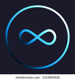 Limitless symbol illustration. White, cyan and blue gradient icon as round button in white shell at dark blue background. Illustration.