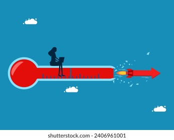 Limitless thoughts. Businesswoman working on thermometer broken from colliding arrows 