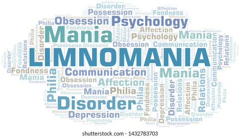 Limnomania word cloud. Type of mania, made with text only.