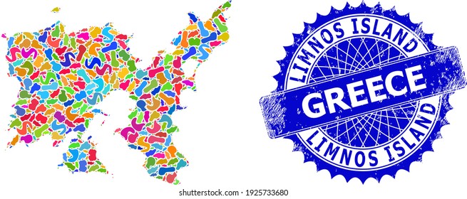 Plantilla de mapa de la isla Limnos. Mapa de collage y sello de caucho para la isla de Limnos. Sello azul rosetón nítido con leyenda para el mapa de la isla de Limnos.
