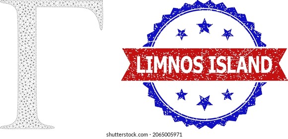 Limnos Island rubber seal, and Gamma Greek letter icon triangular structure. Red and blue bicolor seal has Limnos Island title inside ribbon and rosette. Abstract flat mesh Gamma Greek letter,