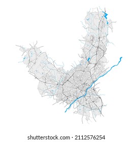 Limoges, Haute-Vienne, France high resolution vector map with city boundaries and editable paths. White outlines for main roads. Many detailed paths. Blue shapes and lines for water.