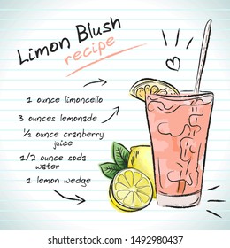 Limon Blush cocktail, vector sketch hand drawn ilalustration, fresh summer alcoholic drink with recipe and fruits	
