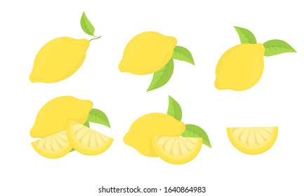 Limon. Set of stylized yellow citrus fruits. Whole lemon, sliced lemons, plant leaves isolated on a white background. Health food. Vector illustration