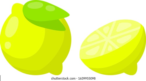 Limon. Yellow sour fruit. Set of objects with vitamin C. Cut food. Green leaf. Cartoon flat illustration