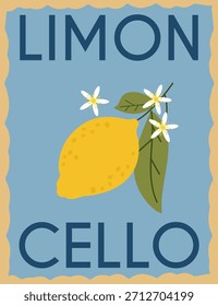 Limoncello y cartel con fruta de limón y flores