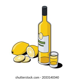 Limoncello bottle glass. Vector 3d sketch line isometric, color icon illustration, flat style. Creative design idea and elements for infographics and website.