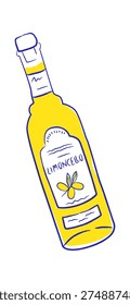 Limoncello bottle with label and citrus icon in hand drawn line. Beverage packaging sketch with doodle detail and clean background. Vector illustration