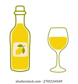 Botella de limoncello con etiqueta de limón junto a un vaso lleno, que indica licor italiano