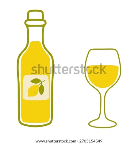 Limoncello bottle with lemon label next to a full glass, indicating italian liqueur