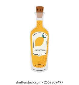 Limoncello bottle with a lemon label. Traditional Italian citrus drink for refreshing summer themes, bar designs, and food menus. Flat vector illustration, isolated on white background.