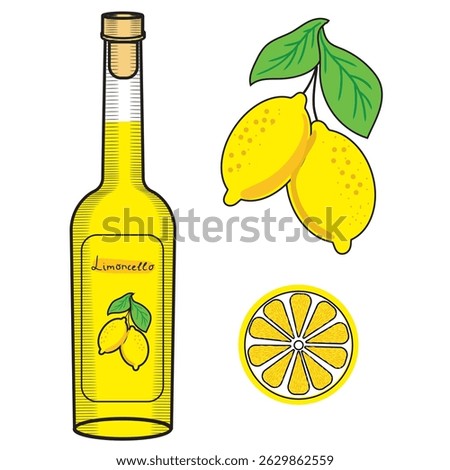 Limoncello bottle and lemons color vector illustration set in sketch style. Citrus yellow fruits and slice traditional italian liqueur. Classic sicilian aperitif clipart for packaging and design.