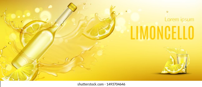 Limoncello bottle, shot glass, lemon slices with splashes ad banner, glass flask with gold liquid drink mock up, alcohol beverage background for magazine advertising. Realistic 3d vector illustration