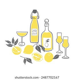 Limoncello Flaschen und Gläser handgezeichnete Illustration