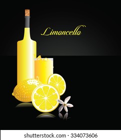 Limoncello with lemons, lemon flower and copy space. EPS 10 