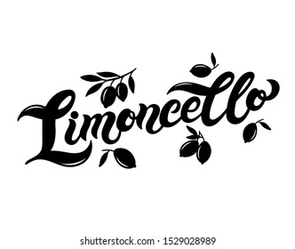 Limoncello. The name of Italian lemon liquor. Hand drawn lettering. Vector illustration. Best for souvenir products.