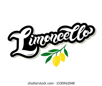 Limoncello. The name of Italian lemon liquor. Hand drawn lettering. Vector illustration. Best for souvenir products.