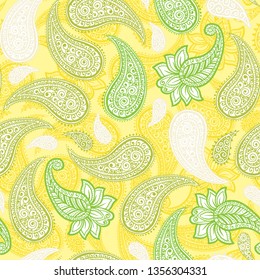 Limoncello Paisleys Vector Seamless Pattern with lemon and greenery colors for fresh mojito or spring style designs